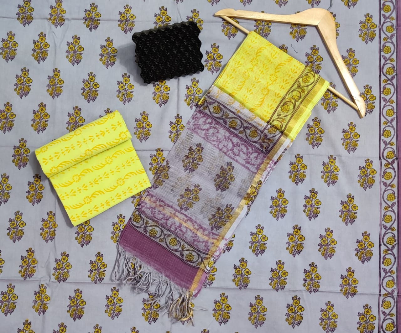 Hand Block Printed Cotton Suits With Pure Kota Doriya With Zari Border Dupatta