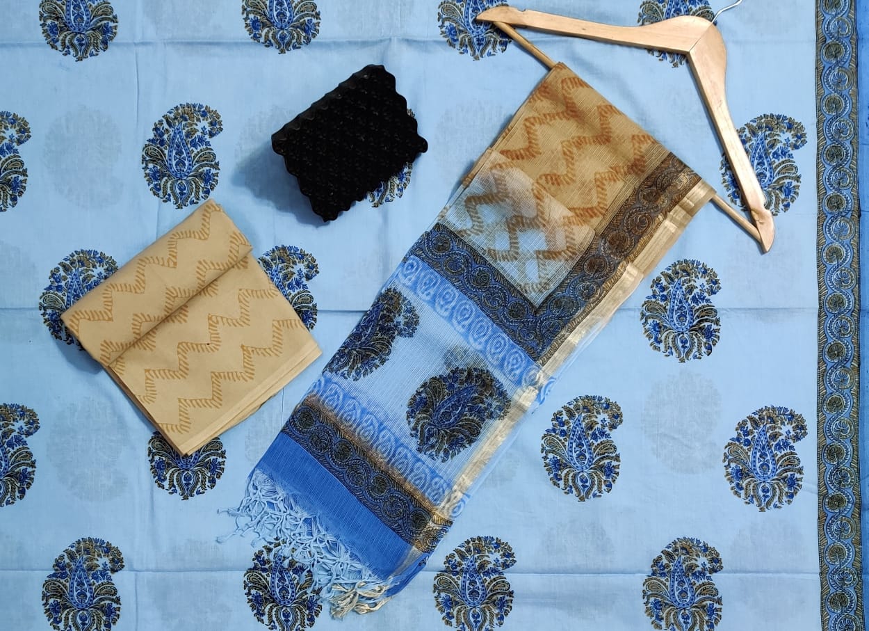 Hand Block Printed Cotton Suits With Pure Kota Doriya With Zari Border Dupatta