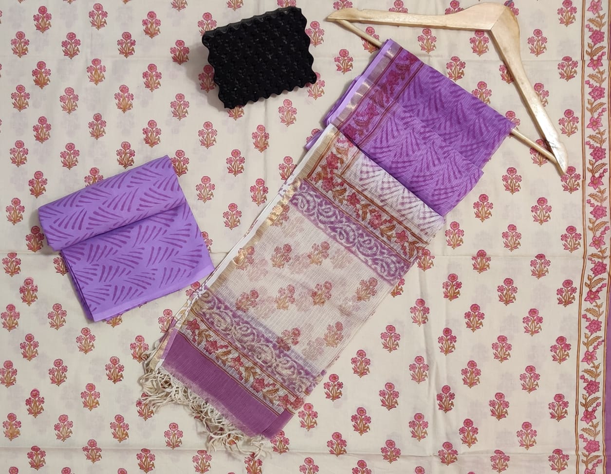 Hand Block Printed Cotton Suits With Pure Kota Doriya With Zari Border Dupatta