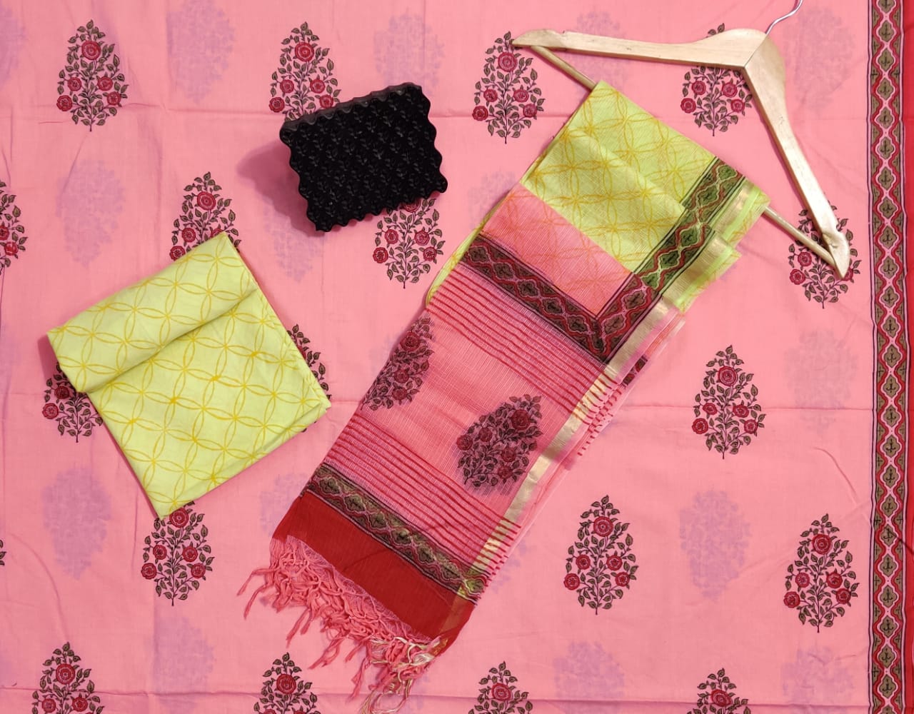 Hand Block Printed Cotton Suits With Pure Kota Doriya With Zari Border Dupatta