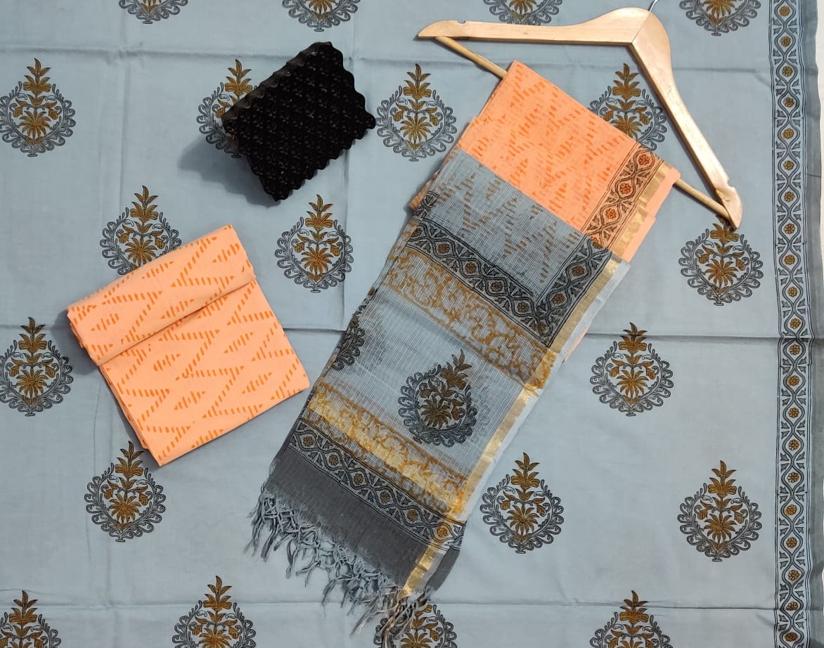 Hand Block Printed Cotton Suits With Pure Kota Doriya With Zari Border Dupatta