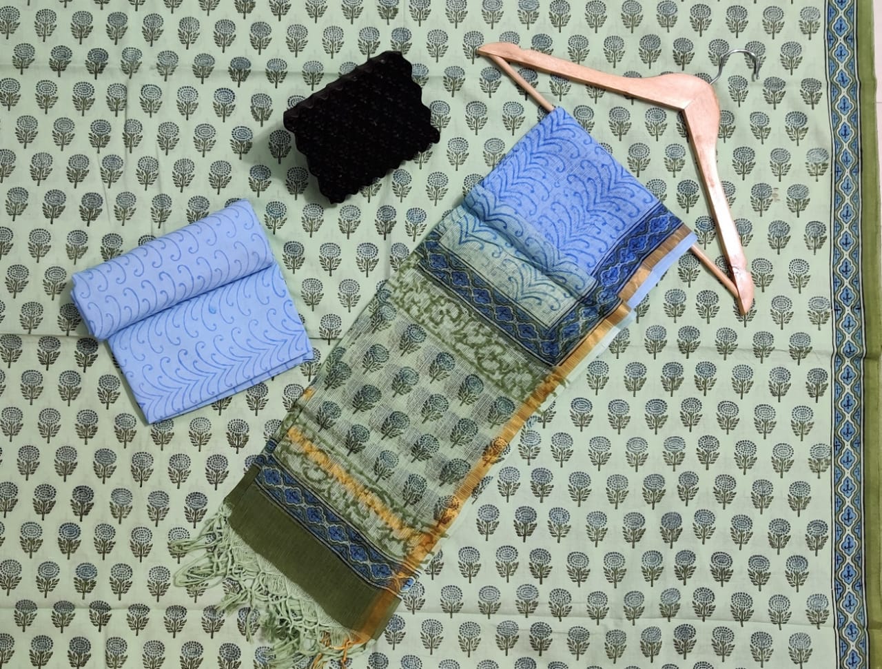 Hand Block Printed Cotton Suits With Pure Kota Doriya With Zari Border Dupatta