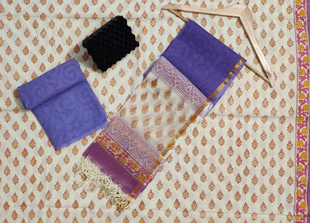 Hand Block Printed Cotton Suits With Pure Kota Doriya With Zari Border Dupatta