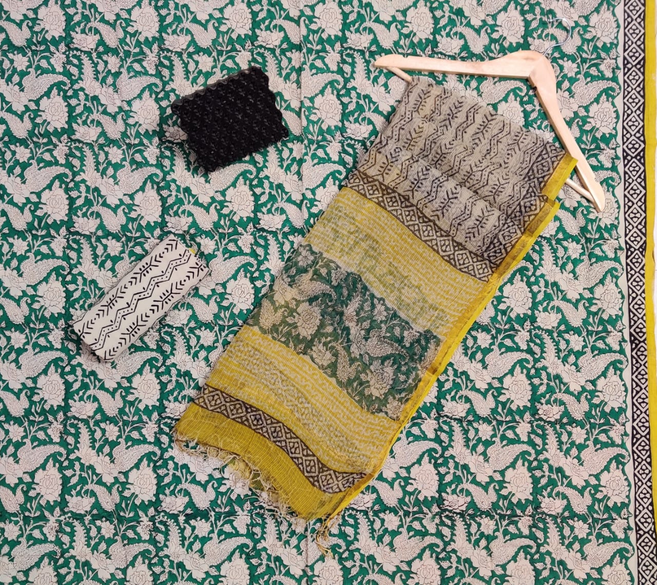 Hand Block Printed Cotton Suits With Pure Kota Doriya With Zari Border Dupatta