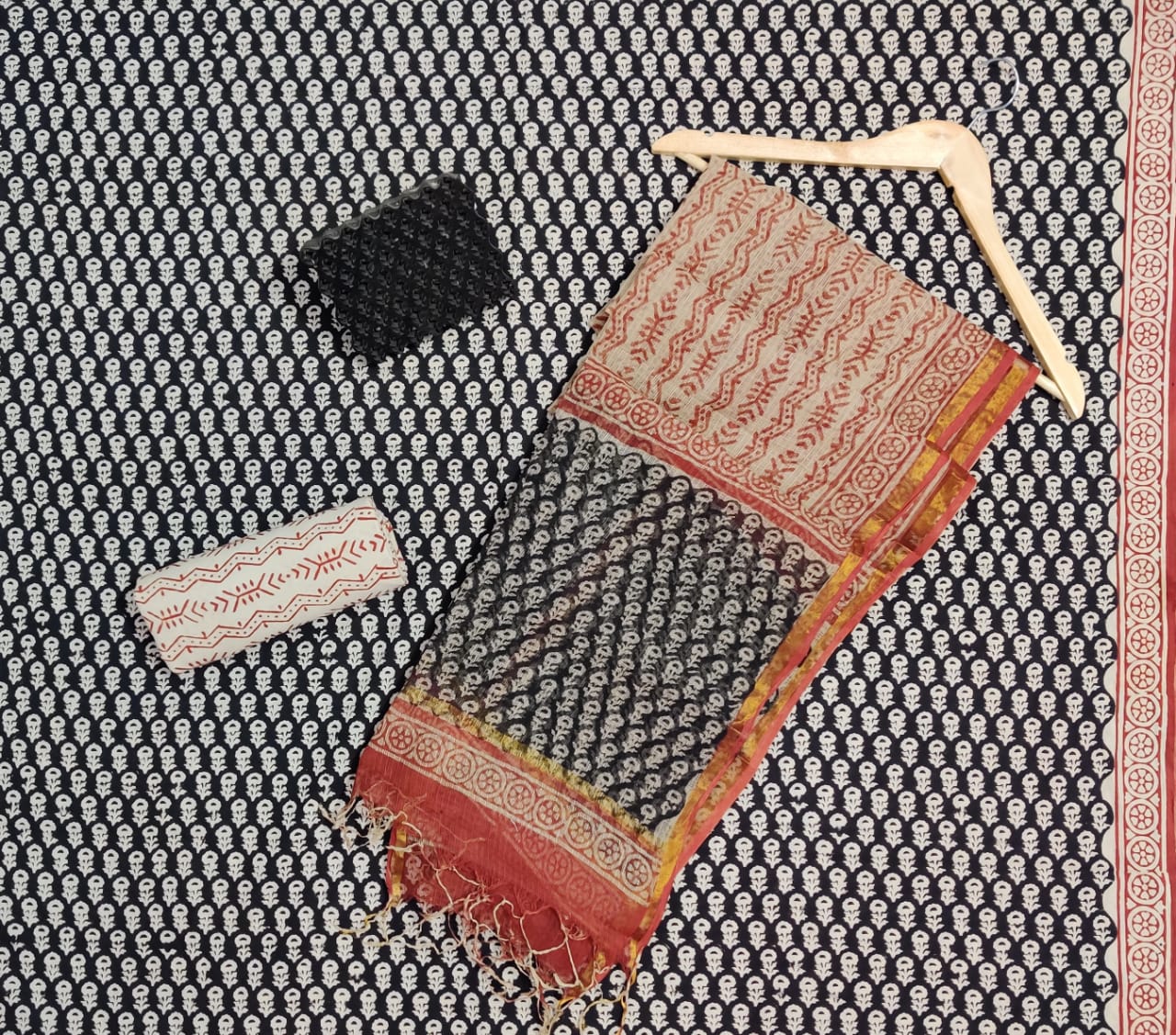 Hand Block Printed Cotton Suits With Pure Kota Doriya With Zari Border Dupatta