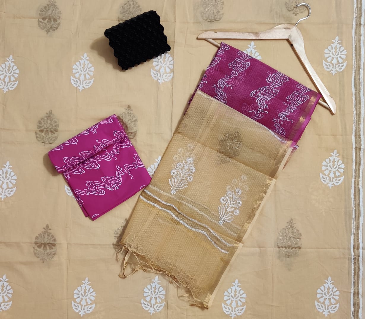 Hand Block Printed Cotton Suits With Pure Kota Doriya With Zari Border Dupatta