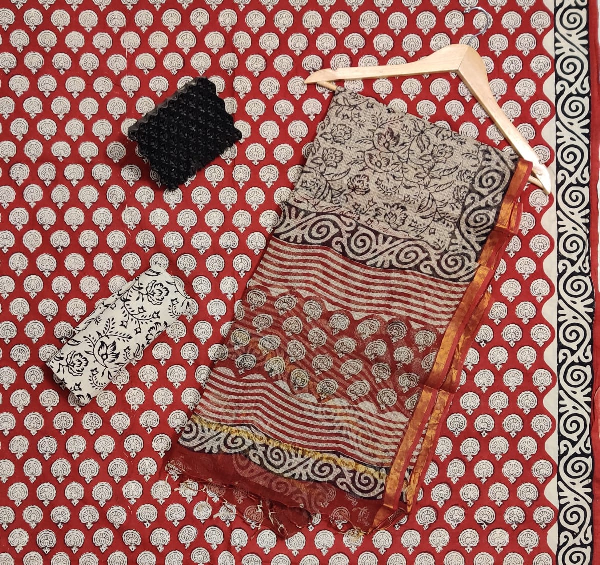 Hand Block Printed Cotton Suits With Pure Kota Doriya With Zari Border Dupatta