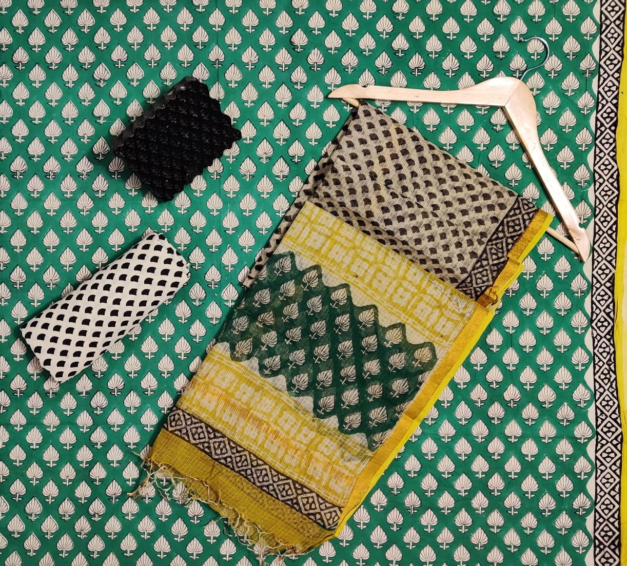 Hand Block Printed Cotton Suits With Pure Kota Doriya With Zari Border Dupatta