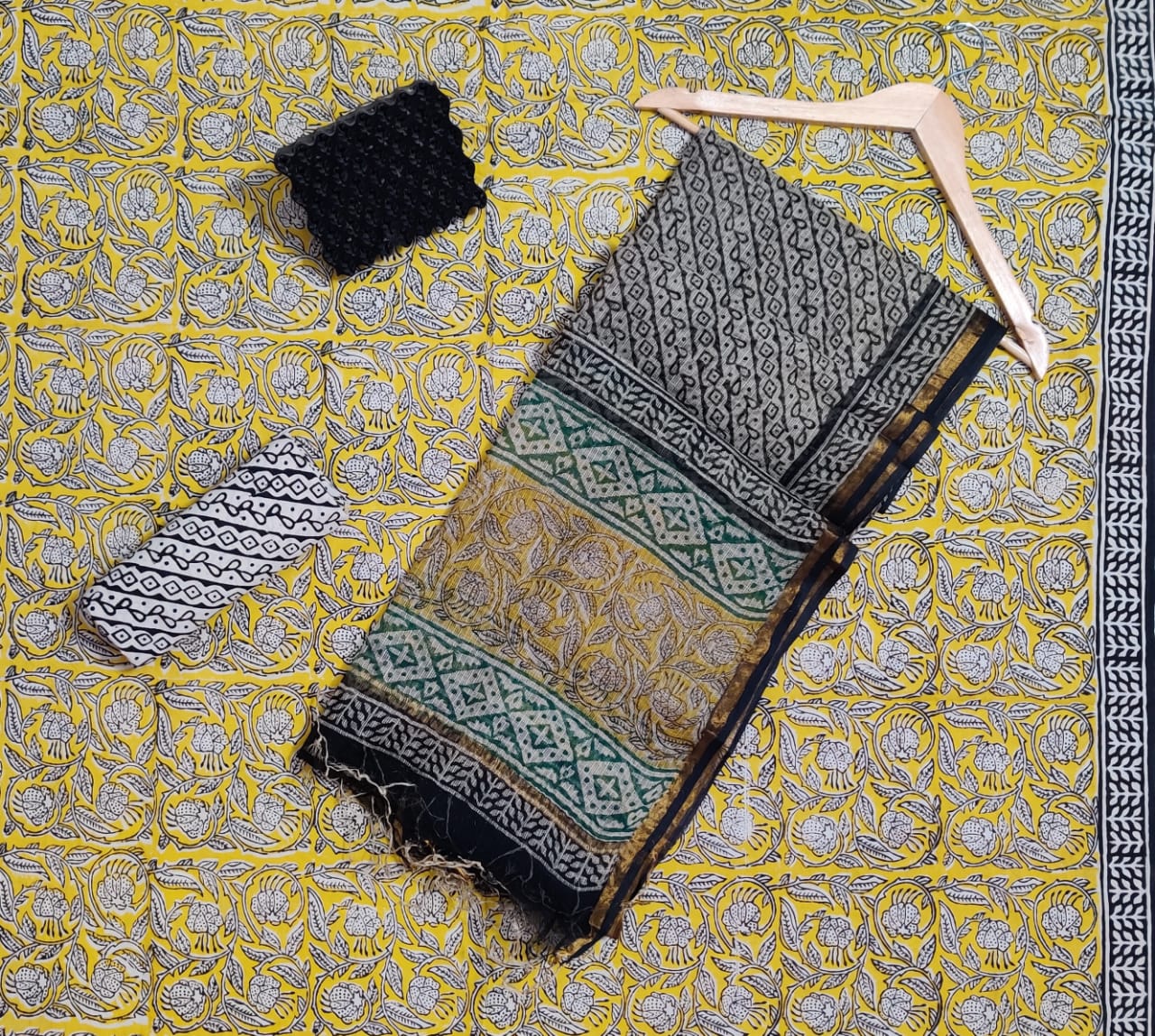 Hand Block Printed Cotton Suits With Pure Kota Doriya With Zari Border Dupatta