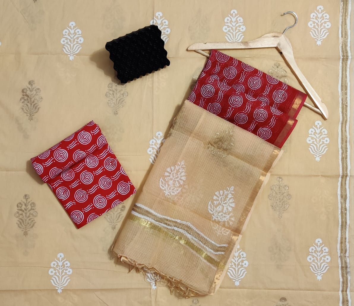 Hand Block Printed Cotton Suits With Pure Kota Doriya With Zari Border Dupatta