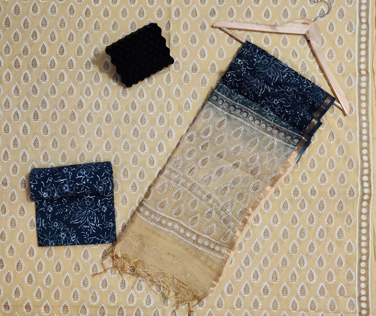 Hand Block Printed Cotton Suits With Pure Kota Doriya With Zari Border Dupatta