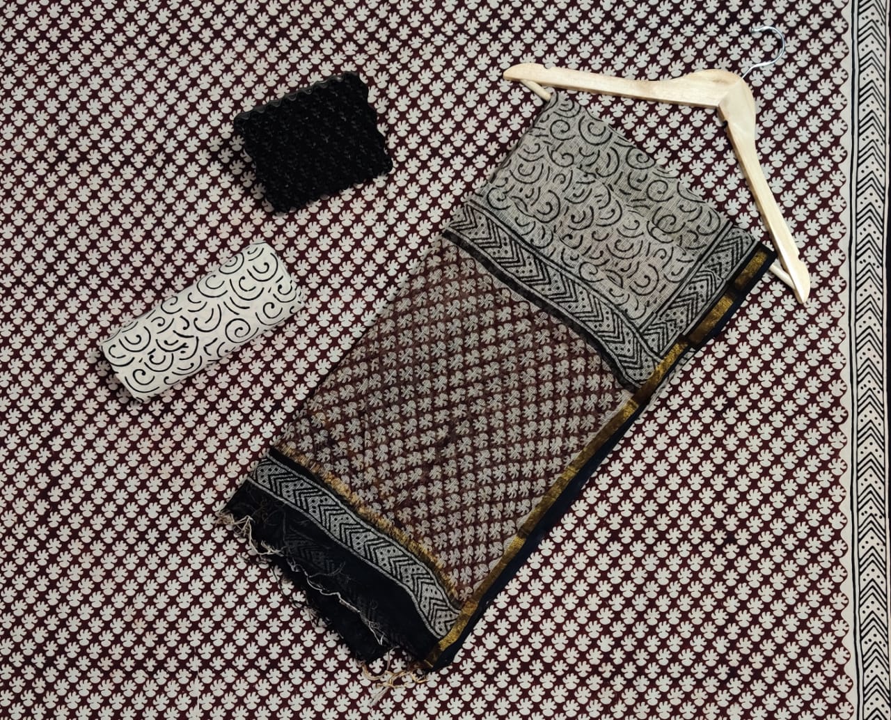 Hand Block Printed Cotton Suits With Pure Kota Doriya With Zari Border Dupatta