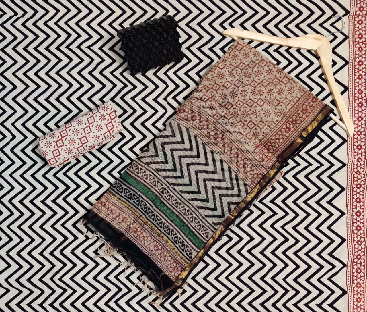 Hand Block Printed Cotton Suits With Pure Kota Doriya With Zari Border Dupatta