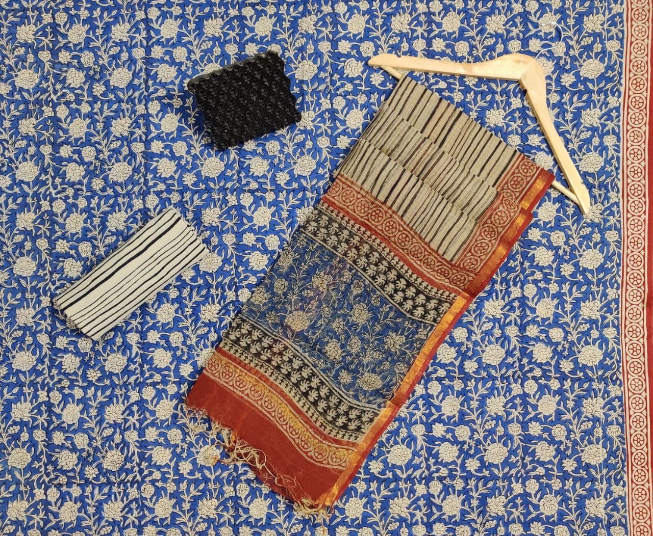 Hand Block Printed Cotton Suits With Pure Kota Doriya With Zari Border Dupatta