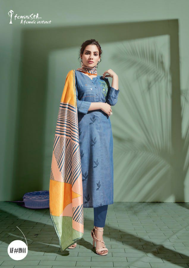 Denim Story By Feminista Soft Denim With Work Exclusive Kurti With Digital Print Stole