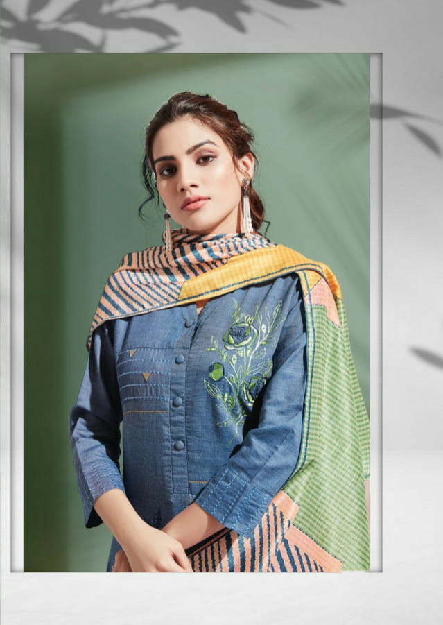 Denim Story By Feminista Soft Denim With Work Exclusive Kurti With Digital Print Stole