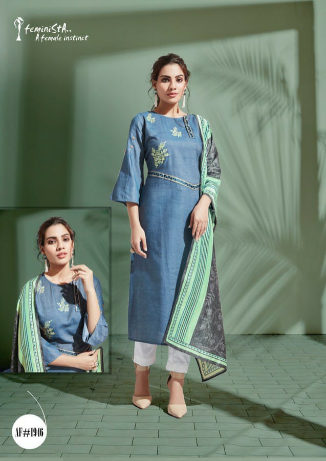 Denim Story By Feminista Soft Denim With Work Exclusive Kurti With Digital Print Stole