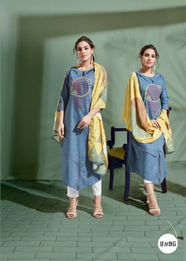 Denim Story By Feminista Soft Denim With Work Exclusive Kurti With Digital Print Stole