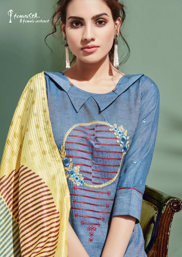 Denim Story By Feminista Soft Denim With Work Exclusive Kurti With Digital Print Stole