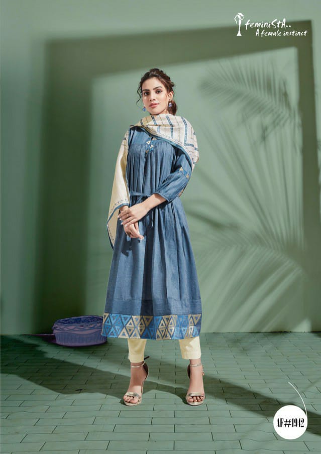 Denim Story By Feminista Soft Denim With Work Exclusive Kurti With Digital Print Stole