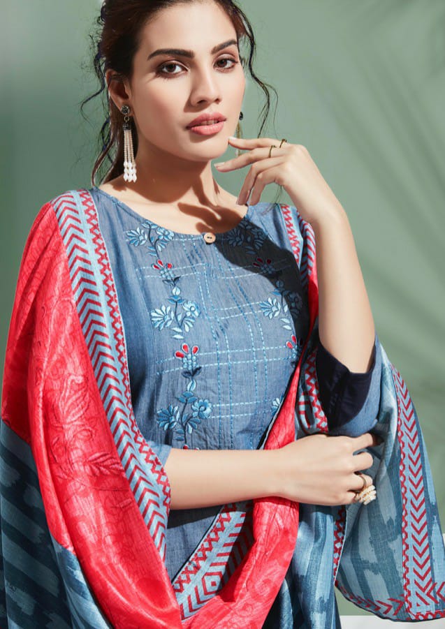 Denim Story By Feminista Soft Denim With Work Exclusive Kurti With Digital Print Stole