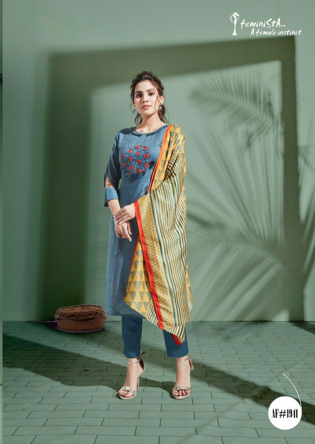 Denim Story By Feminista Soft Denim With Work Exclusive Kurti With Digital Print Stole