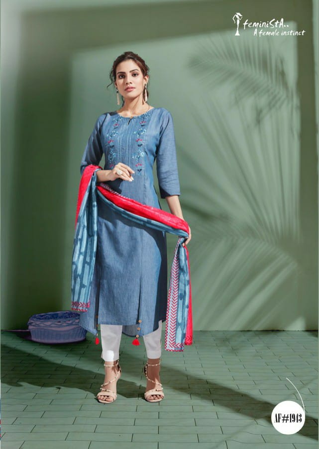 Denim Story By Feminista Soft Denim With Work Exclusive Kurti With Digital Print Stole