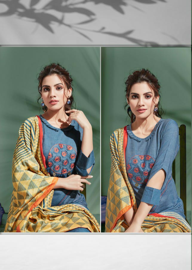 Denim Story By Feminista Soft Denim With Work Exclusive Kurti With Digital Print Stole
