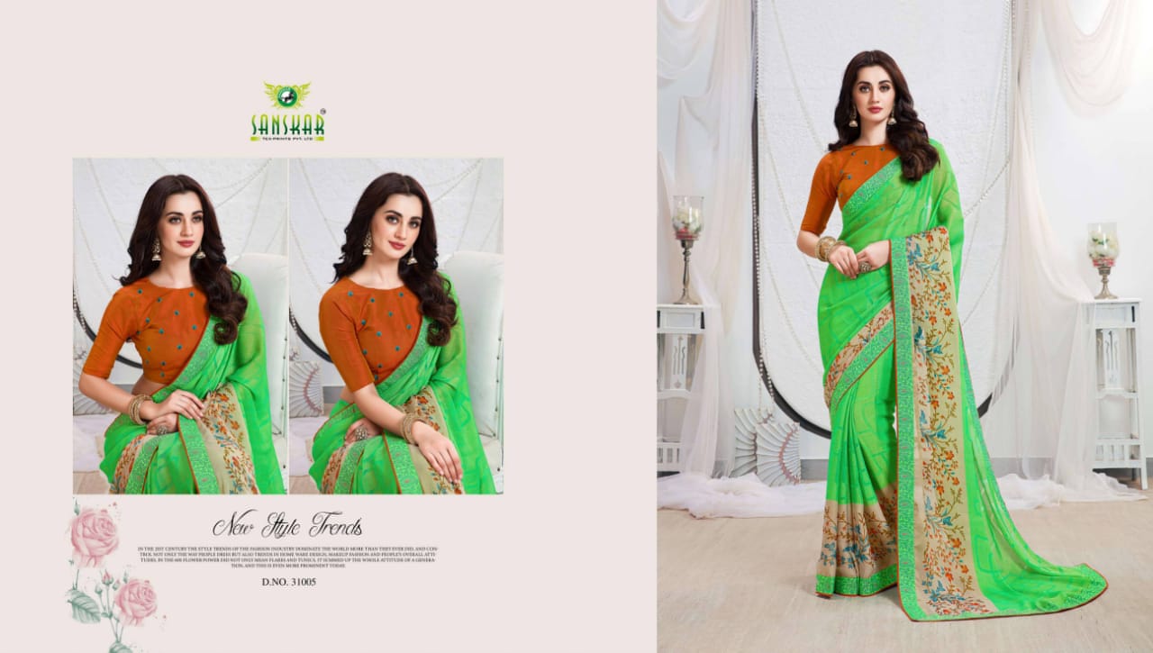 Sarva By Sanskar Tex Prints Chiffon With Fancy Work Stylish Collections Of Saree Catalogs
