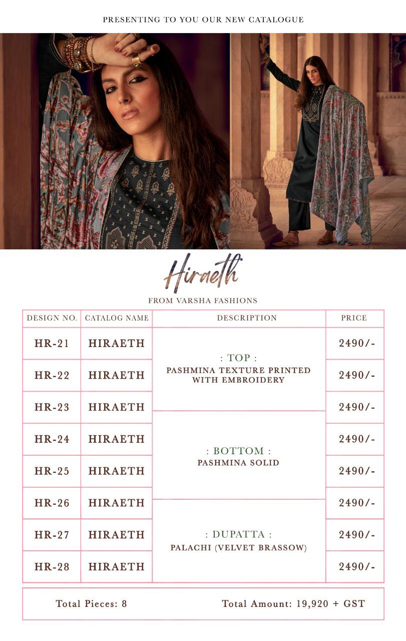 Varsha Fashions Hiraeth Silk Pashmina With Embroidery With Velvet Brasso Dupatta Suit In Surat Market