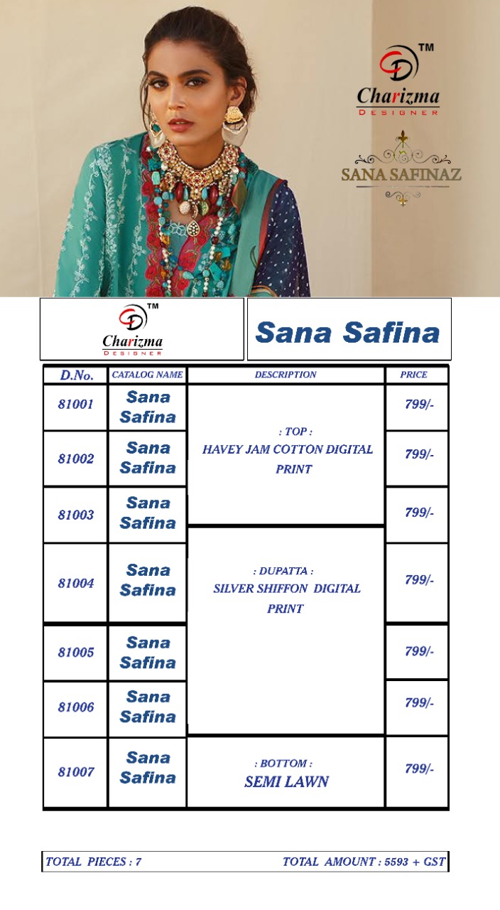 Charizma Designer Sana Safina Jam Cotton Super Pakistani Suit Design In Surat Market