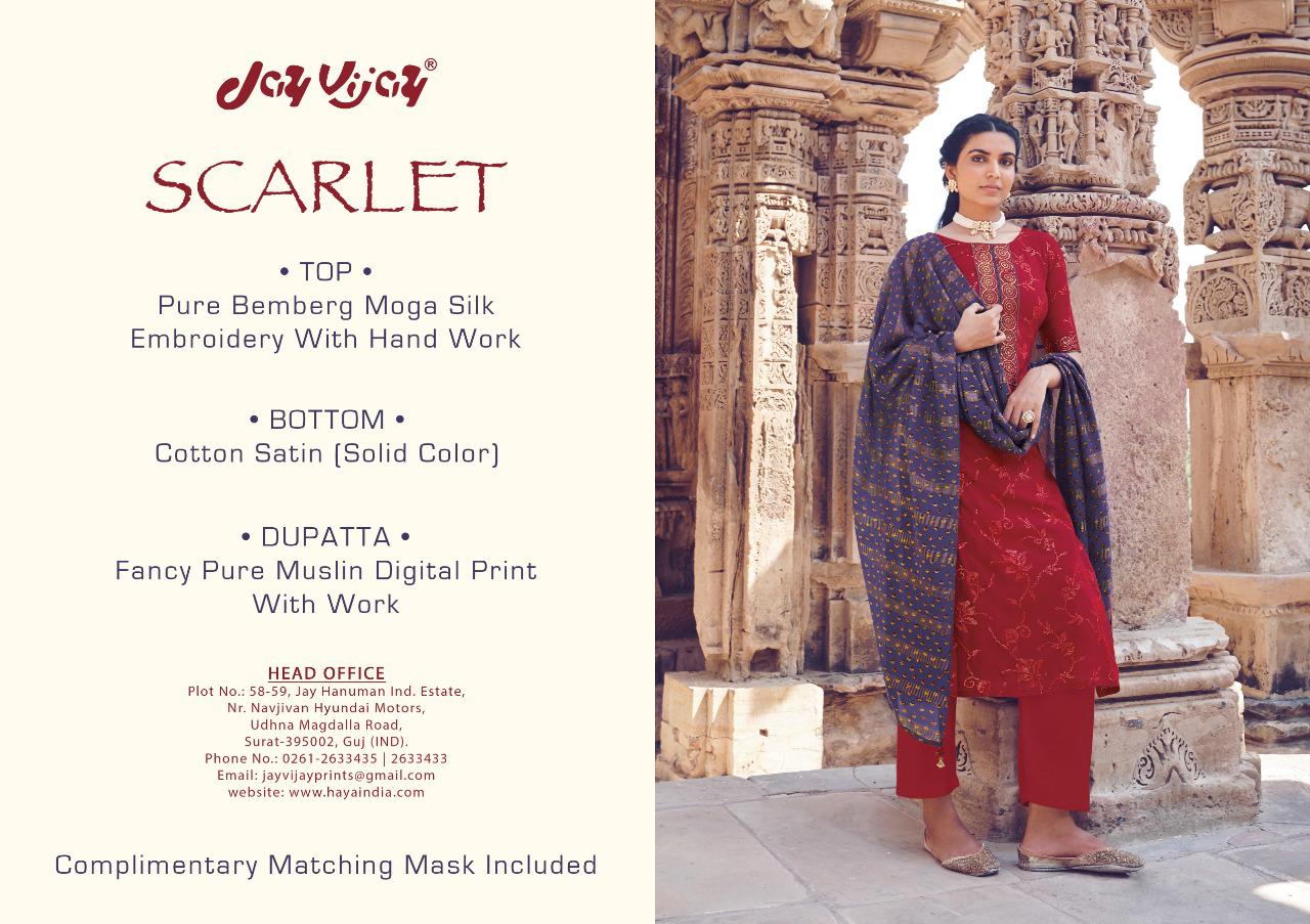 Jay Vijay Scarlet Bemberg Moga Silk With Embroidery Work Suits At Affordable Price