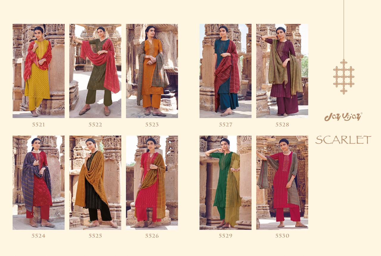 Jay Vijay Scarlet Bemberg Moga Silk With Embroidery Work Suits At Affordable Price