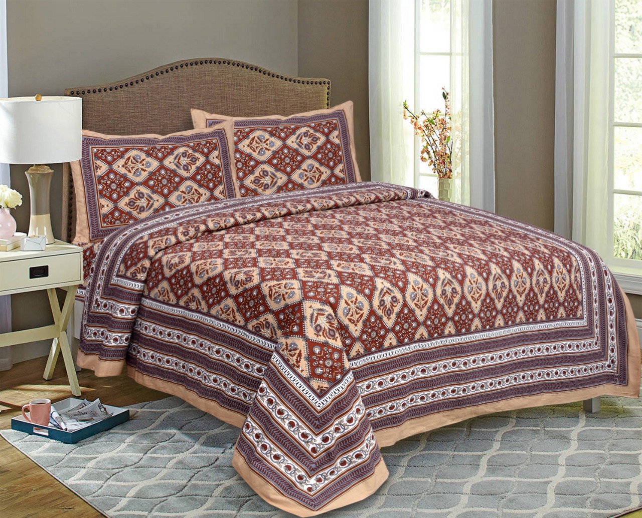 K4u Launch Elegance Pure Autoloom Cotton Dark Colors Bedsheet With Matching Pillow Cover