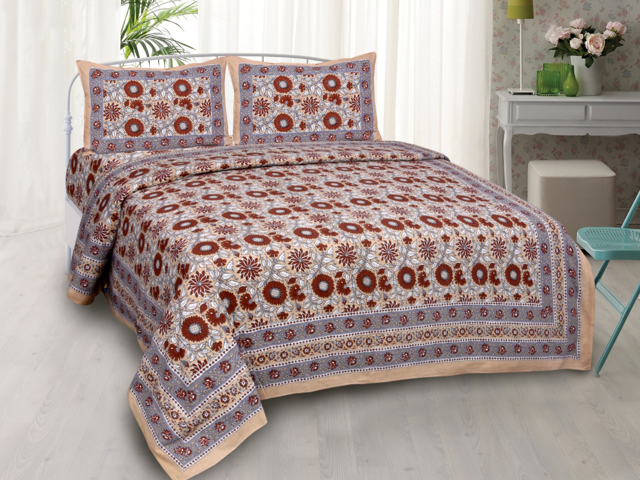 K4u Launch Elegance Pure Autoloom Cotton Dark Colors Bedsheet With Matching Pillow Cover