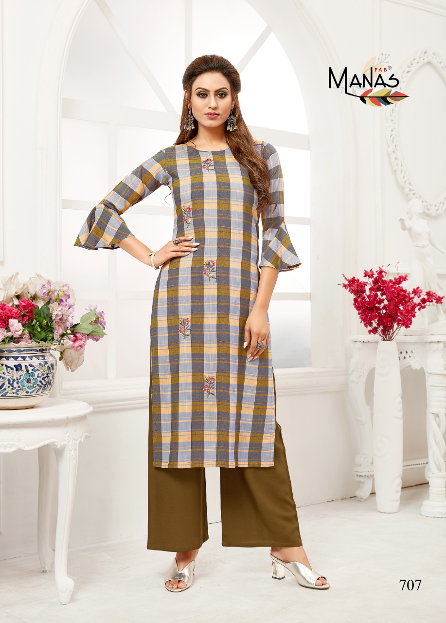 Manas Checks Plazzo Rayon Embroidery Work Top With Bottom At Affordable Rate