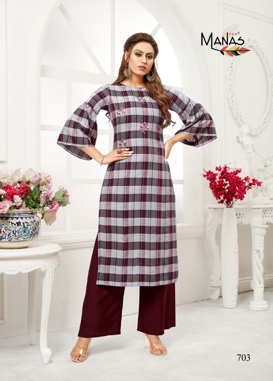 Manas Checks Plazzo Rayon Embroidery Work Top With Bottom At Affordable Rate