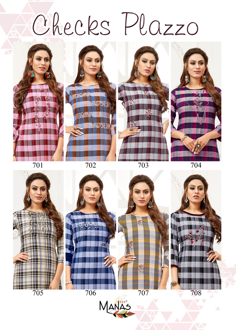 Manas Checks Plazzo Rayon Embroidery Work Top With Bottom At Affordable Rate
