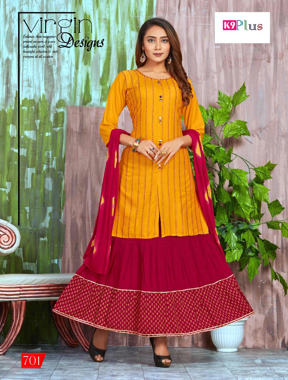 Platinum By K9 Plus Rayon With Embroidery Work Long Kurti With Sharara And Skirt Set Catalogs