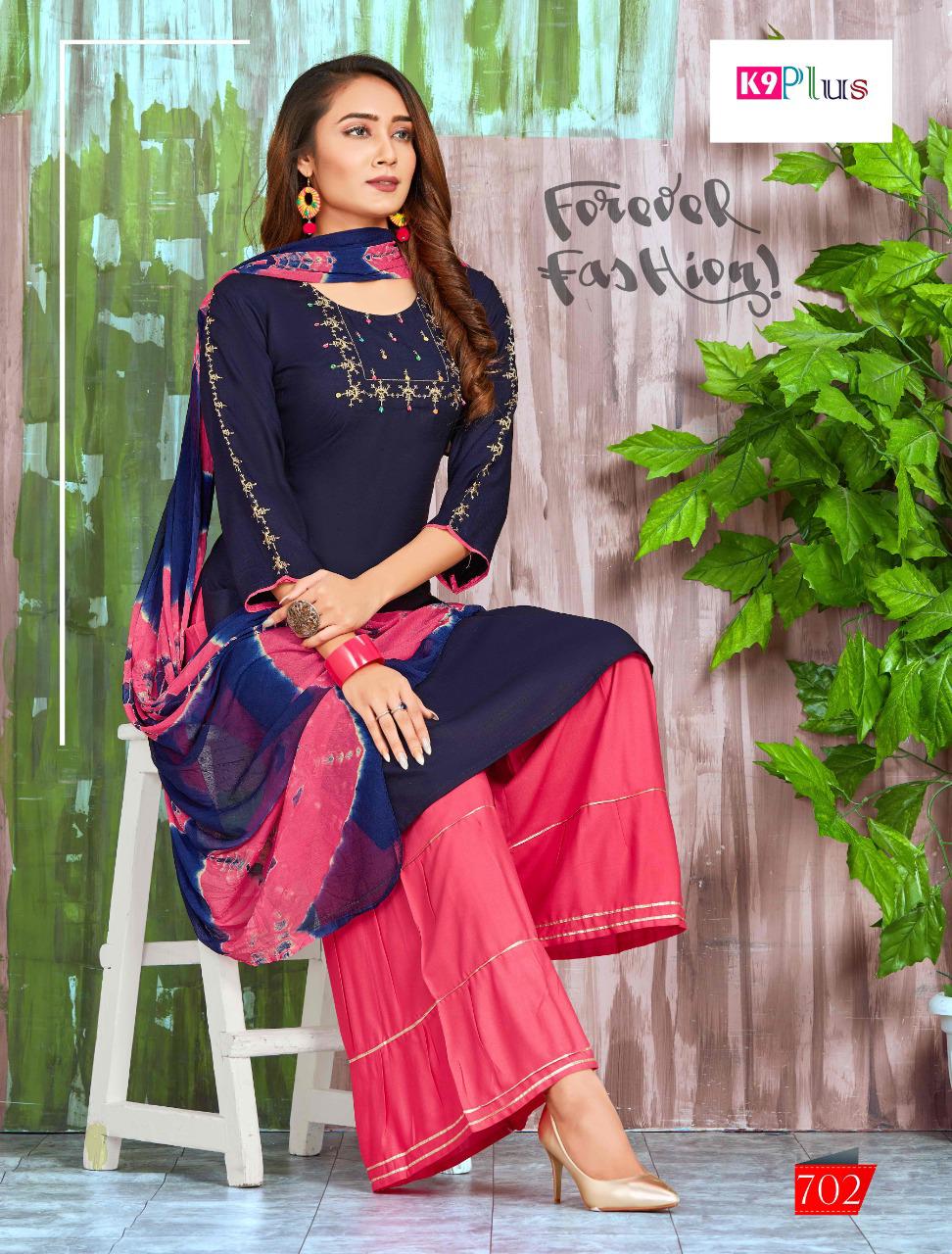 Platinum By K9 Plus Rayon With Embroidery Work Long Kurti With Sharara And Skirt Set Catalogs