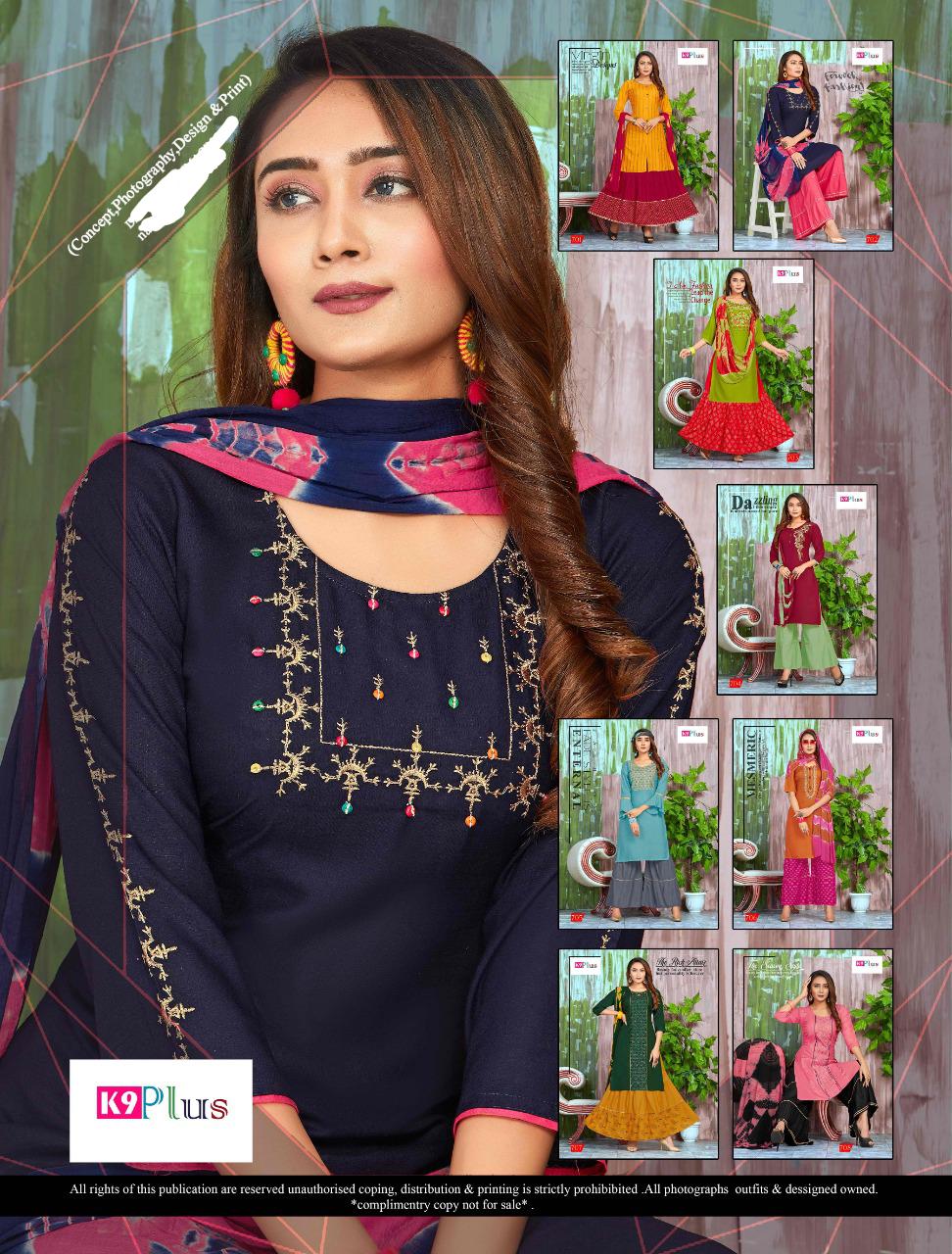 Platinum By K9 Plus Rayon With Embroidery Work Long Kurti With Sharara And Skirt Set Catalogs