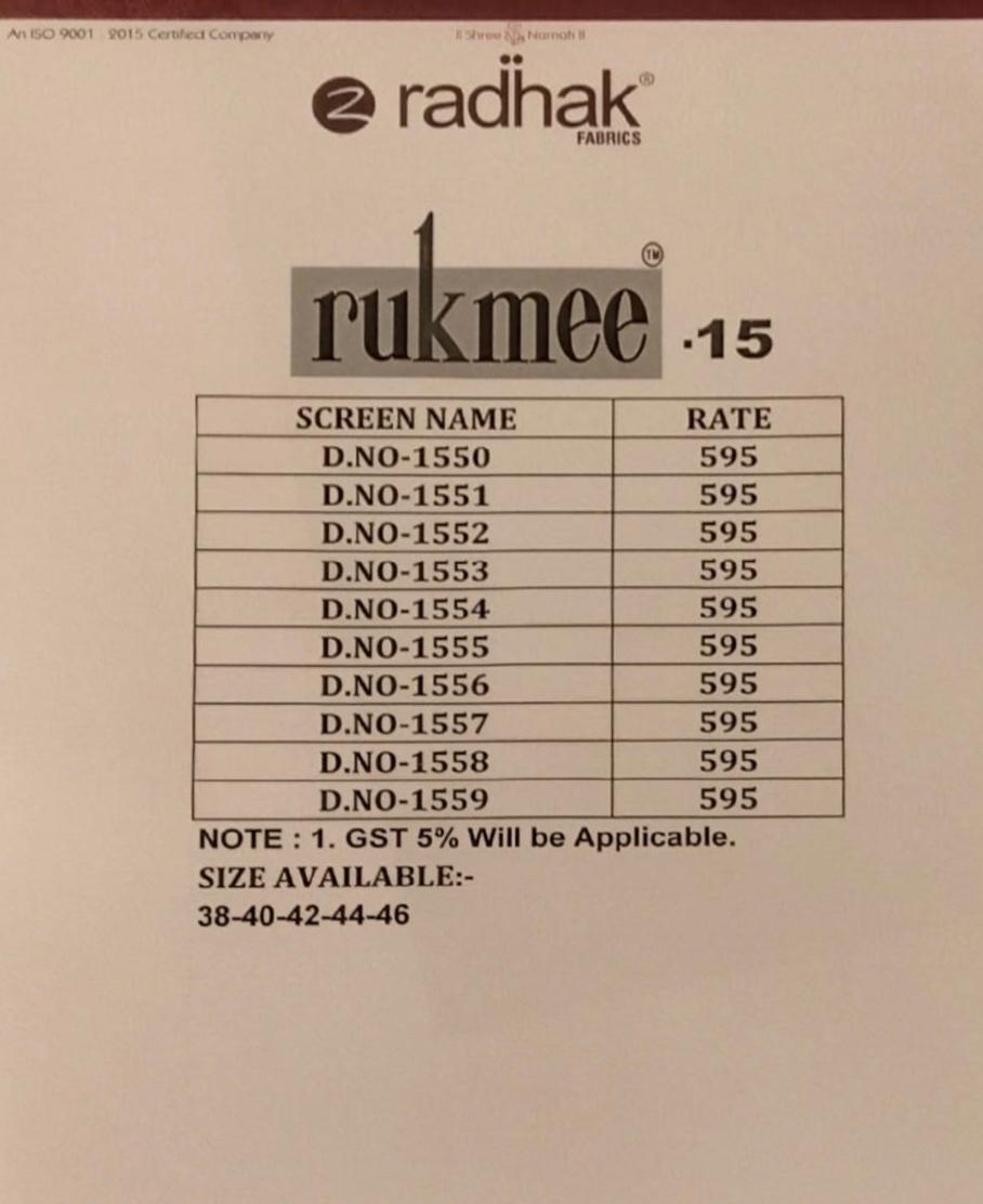 Radhak Launch Rukmee Vol 15 Silk Base Latest Collections For Kurti Online Shopping