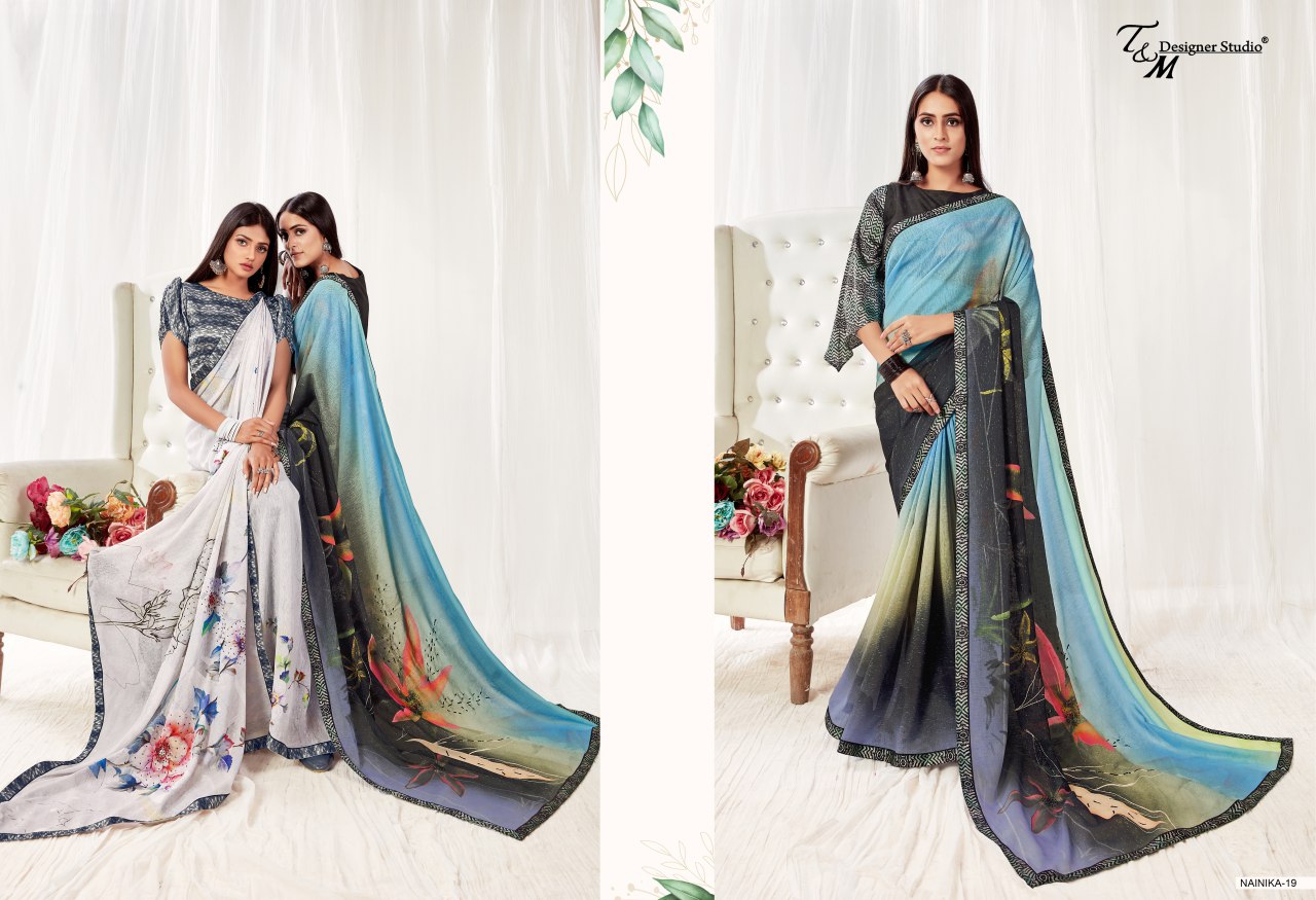 Sahiba T And M Launch Nainika Georgette Digital Print With Lace Border Saree