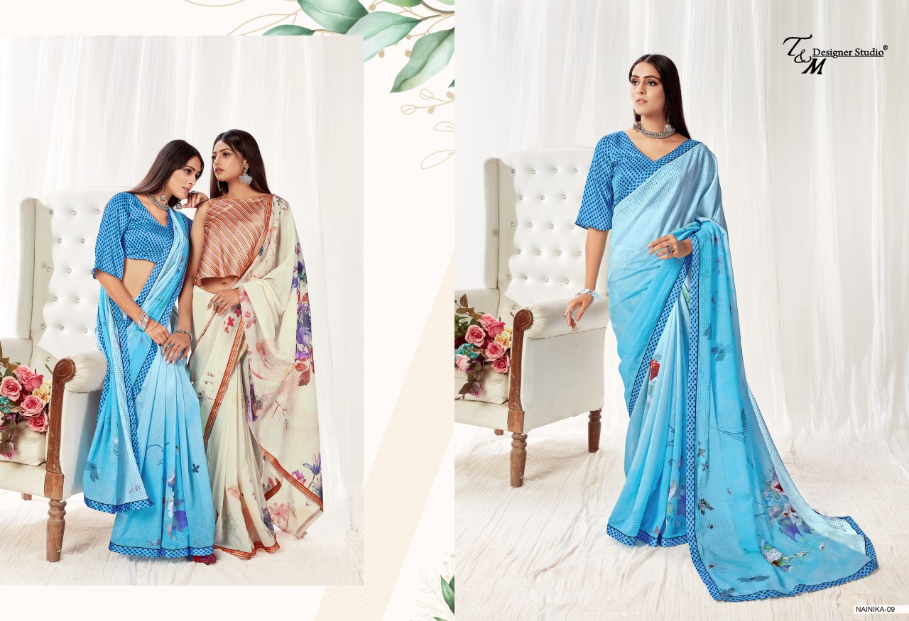 Sahiba T And M Launch Nainika Georgette Digital Print With Lace Border Saree