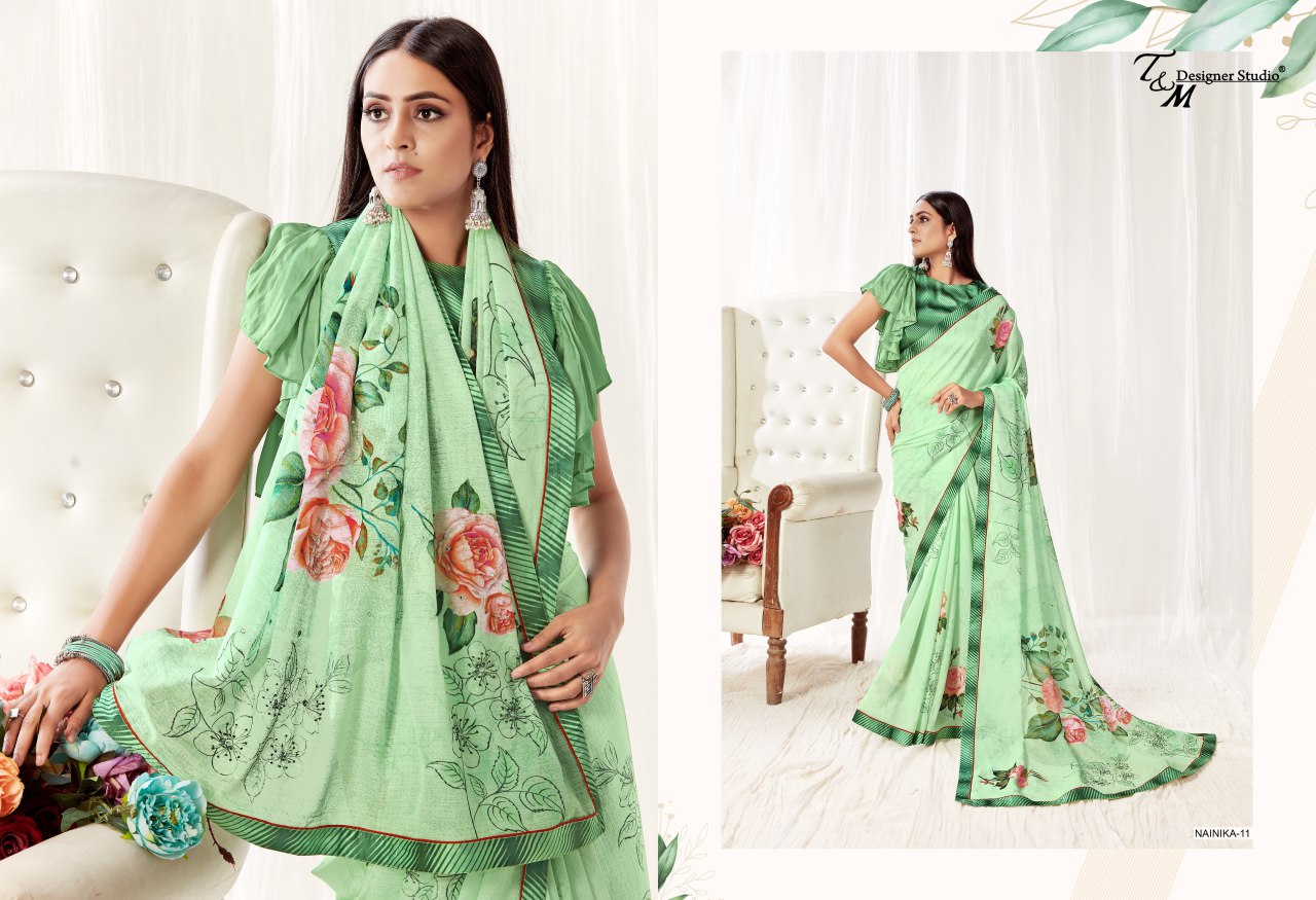 Sahiba T And M Launch Nainika Georgette Digital Print With Lace Border Saree