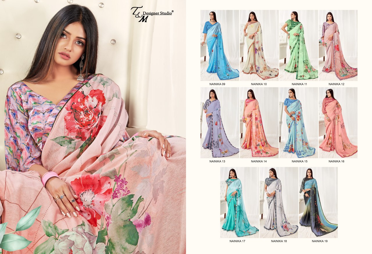Sahiba T And M Launch Nainika Georgette Digital Print With Lace Border Saree
