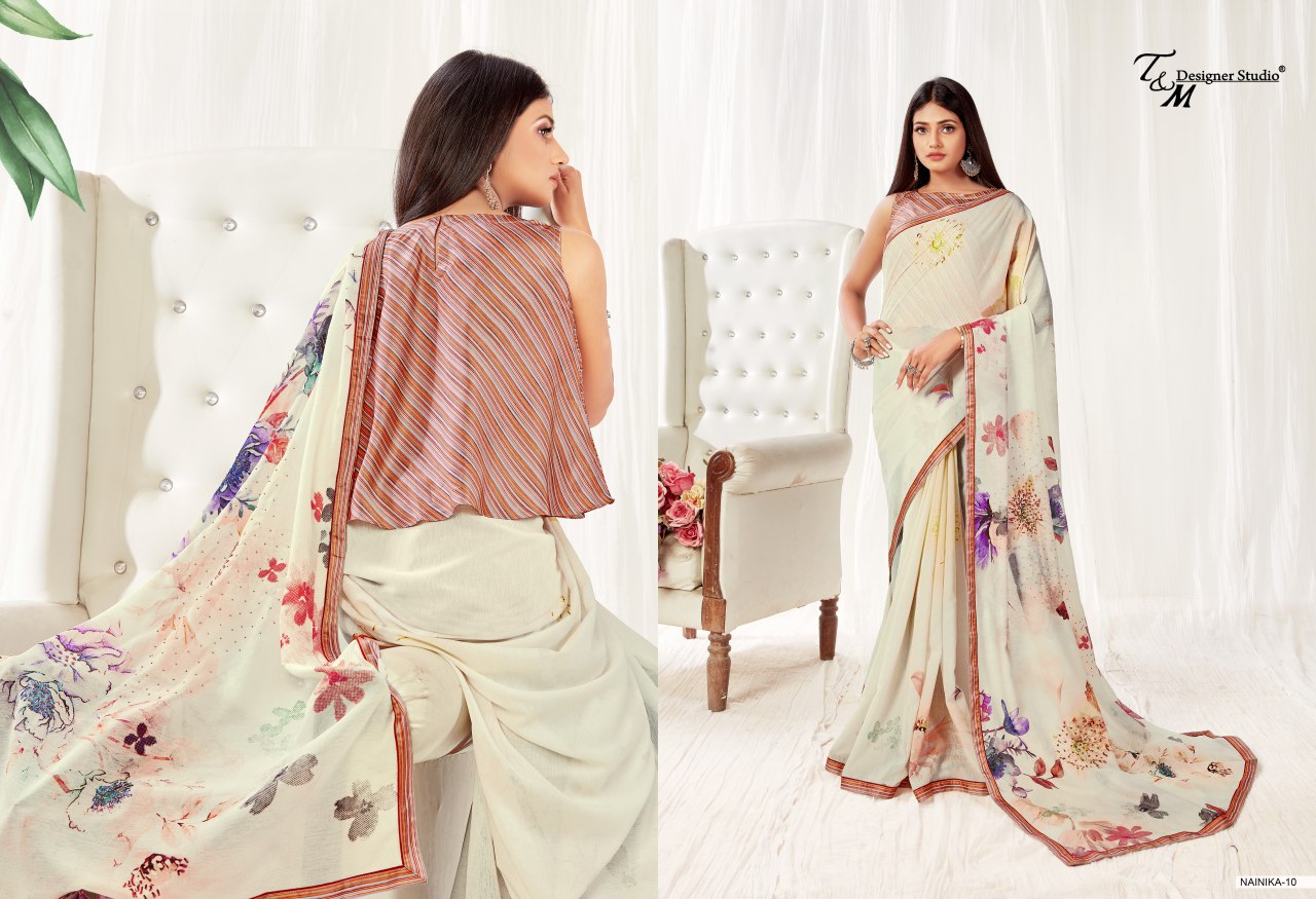 Sahiba T And M Launch Nainika Georgette Digital Print With Lace Border Saree