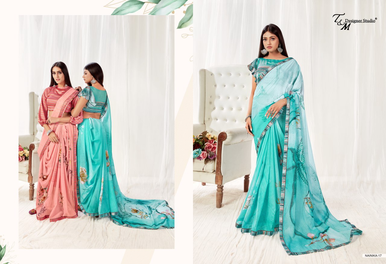 Sahiba T And M Launch Nainika Georgette Digital Print With Lace Border Saree