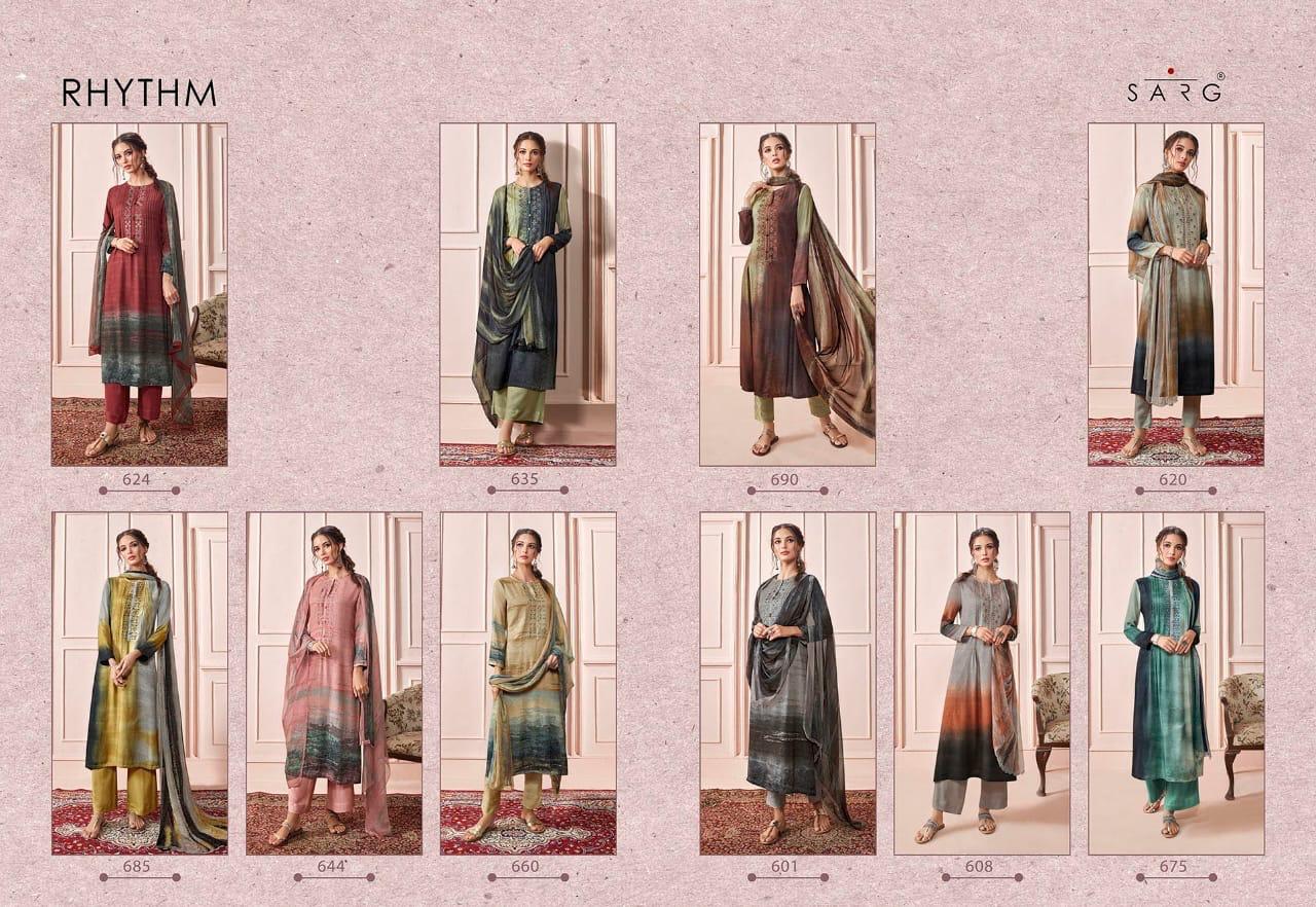 Sarg Presents Rhythm Pashmina Digital Print With Embroidery Work Suits Exporter