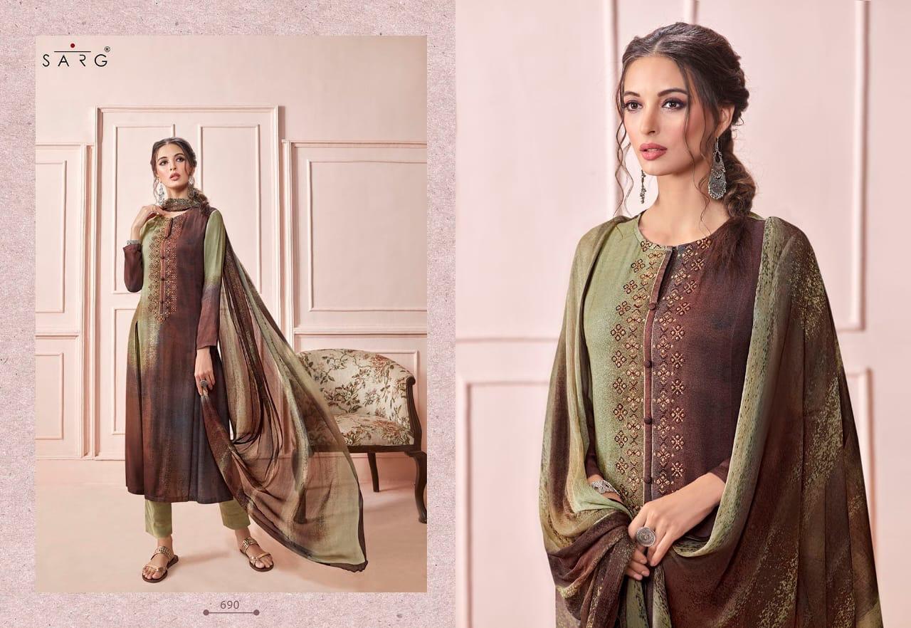 Sarg Presents Rhythm Pashmina Digital Print With Embroidery Work Suits Exporter